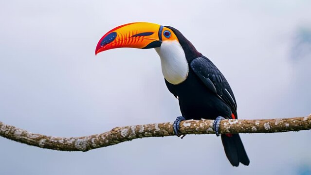 Closeup of a toucan perched on a branch showcasing its impressive size and unique plumage. Its beak with its bright orange tip and black markings stands out against the pal