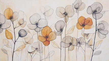 Color pencil/ink abstract flowers on textured paper, minimalist, muted, hight resolution wallpaper