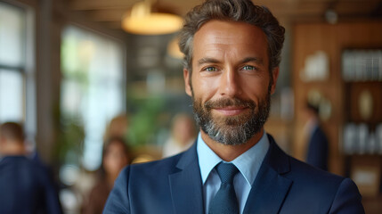 Obraz premium Close-up view of a smiling and confident white male business executive - CEO - Professor - Office worker - blurred background - motivated professional