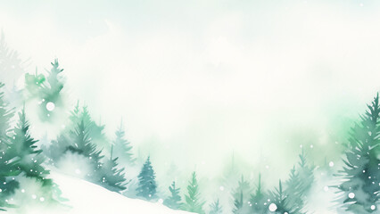 Watercolor misty forest hill with evergreen trees. Rustic winter fog scene . Wild nature.