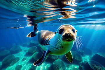 Light enters the deep sea and a cute seal swims. Generative AI - obrazy, fototapety, plakaty