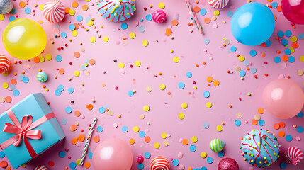 A vibrant celebration awaits as colorful balloons and confetti dance against a cheerful pink backdrop, setting the perfect scene for a lively party filled with endless supplies and joy