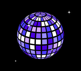 Purple disco ball with sparkles. Shining mirror spheres with stars. Night club mirrorball element for poster, banner, music cover, party. Blue retro wireframe globe or planet. Vector illustration