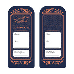 Vintage alcohol labels. Tequila, whiskey and rum, bourbon and gin, beer, wine and cognac drink bottle labels with vector thin line ornaments of grapevine, hops and barley, craft beverage emblems ETC.