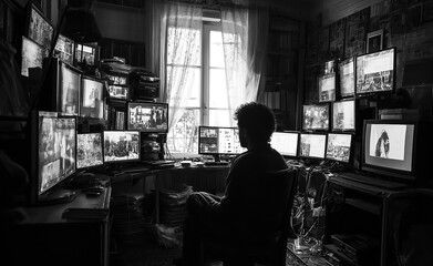 Man in a room watching television on a computer screen with a concept of digital communication and online media