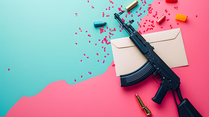 An ominous tool of power and destruction, the sleek firearm gleams against a soft backdrop of pastel hues, hinting at a deadly contrast between beauty and danger - obrazy, fototapety, plakaty