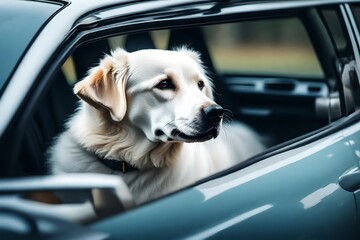 a dog siting in the window of a car