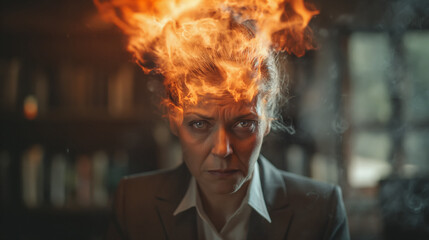 Business woman working amidst anger, stress, fire, work demon - obrazy, fototapety, plakaty
