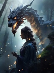 high quality, 4K Ultra HD, double exposure, double exposure of a female wizard with a silhouette of a dragon, the background is a fairy forest, by yukisakura, high quality