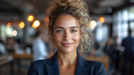 Close-up view of a smiling and confident white female business executive - CEO - Professor - Office worker - blurred background - motivated strong female professional