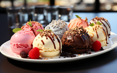 Fototapeta na wymiar Delicious fresh Food vanilla and strawberry ice cream in different styles on a plate