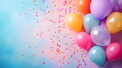 A vibrant celebration of joy and happiness, as a colorful assortment of balloons and confetti dance in the air, bringing life and excitement to the party