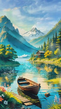 landscape of beautiful village with lake, mountains and wooden boat. Cartoon or anime watercolor digital painting illustration style. seamless looping vertical video animation background.