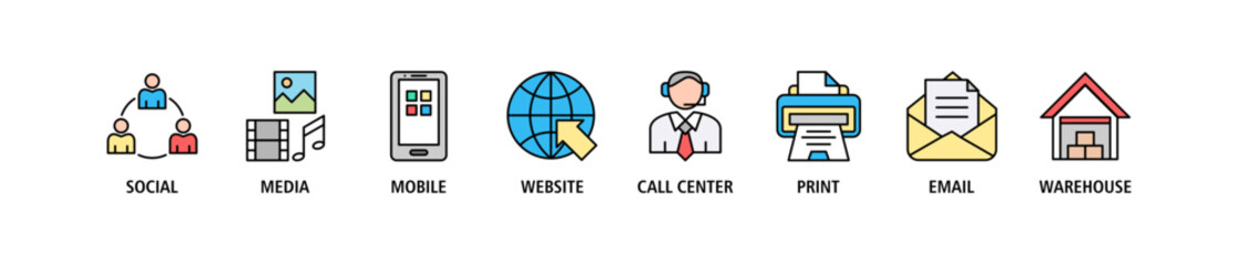 Omnichannel banner web icon set vector illustration concept with icon of social media, mobile, website, call center, print, email, and warehouse