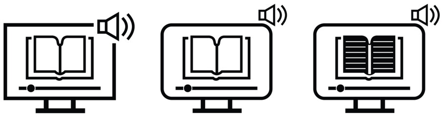 Online education icon of computer with e-learning from e-book or audio book .Vector Black icon isolated on transparent  background.