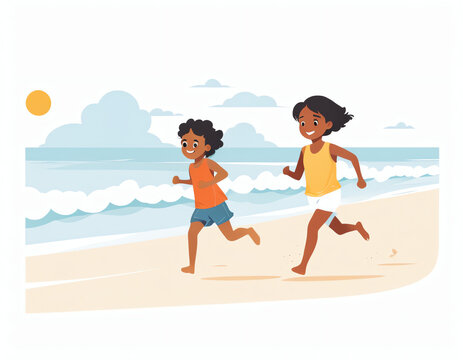 children running on the beach on the summer 