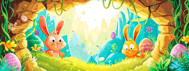 Easter theme with two cartoon bunnies in a cave-like setting, surrounded by colorful Easter eggs and lush greenery, all bathed in a warm, sunny glow emanating from the cave's opening.