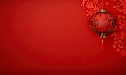 Red lantern hanging high, in the red simple Chinese pattern background, simple and beautiful generative AI