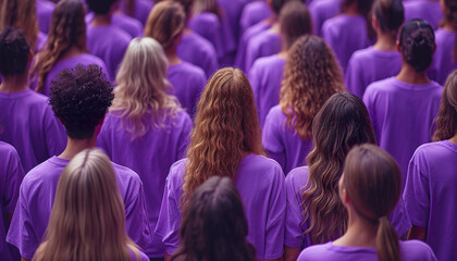 Group of people wearing purple shirts. Purple day. Epilepsy awareness.  - obrazy, fototapety, plakaty