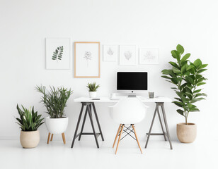 office with table, chair, computer on the table and plant isolated on white
