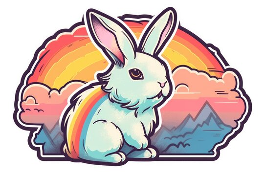Rabbit sticker with a rainbow background.