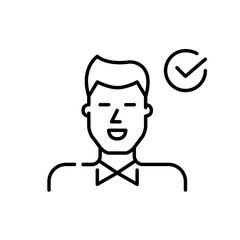 Finding the best candidate to fill the vacation. Young man in formal shirt with check mark. Pixel perfect, editable stroke icon