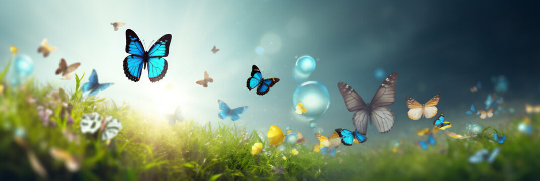 a group of beautiful butterflies were flying between the green grass and the clear sky © Syukra