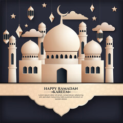 Realistic ramadan background with mosque, lantern, for banner, greeting card