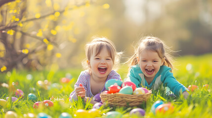 Two joyful children collecting colorful Easter eggs in the basket in the garden on a sunny day.