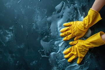 Close-up of rubber gloved hands sanitizing a surface. Generative Ai. - obrazy, fototapety, plakaty