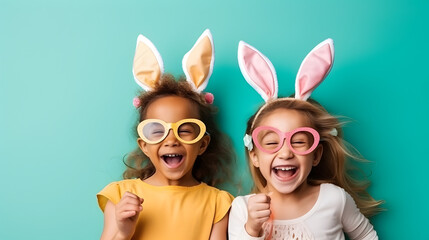 Two joyful girls in bunny ears celebrating easter - obrazy, fototapety, plakaty