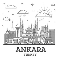 Outline Ankara Turkey City Skyline with Historic Buildings Isolated on White. Ankara Cityscape with Landmarks.