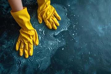 Poster Close-up of rubber gloved hands sanitizing a surface. Generative Ai. © Planum
