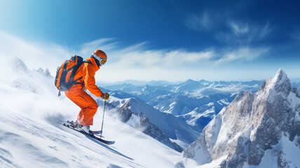 Naklejka na ściany i meble skier on background of snowy mountains