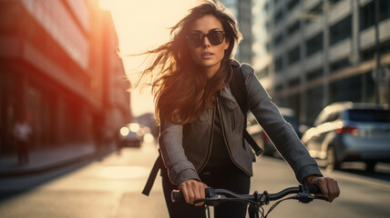 young woman riding a bicycle on a road in a city
