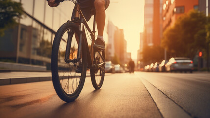 young man riding a bicycle on a road in a city
