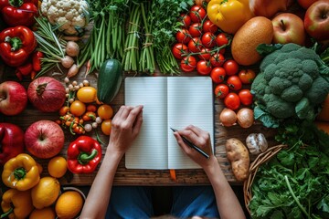 A person scribbling in a notepad amid a rainbow of vibrant fruits and veggies. Generative Ai. - obrazy, fototapety, plakaty