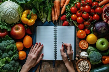 A person scribbling in a notepad amid a rainbow of vibrant fruits and veggies. Generative Ai. - obrazy, fototapety, plakaty