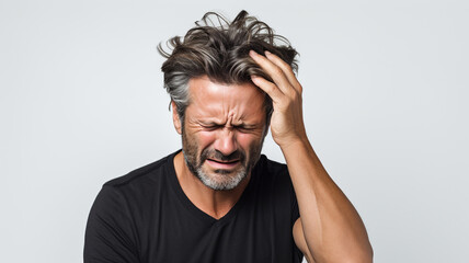 adult man with headache holding her head having pain