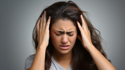 adult woman with headache holding her head having pain