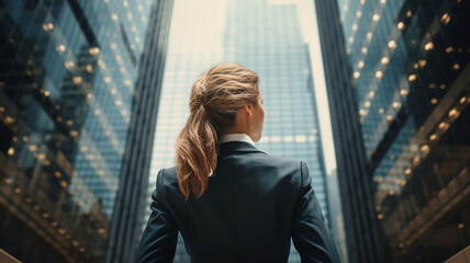 Fototapeta premium back view of business woman standing in front of a tall skyscraper building in a city