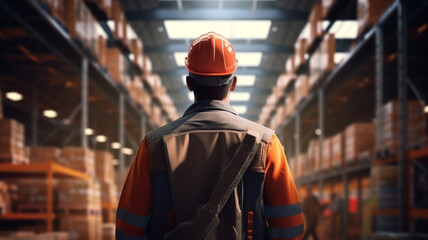 back view of of male worker wearing a hard hat in a retail warehouse. Labor day concept