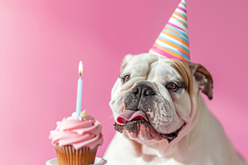 Bulldog in Party Hat Licking Lips for Birthday Cupcake