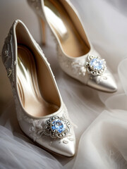 Obraz premium Wedding shoes with blue crystals on the background of a white veil