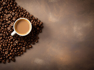 Coffee cup and coffee beans on brown background. Top view with copy space