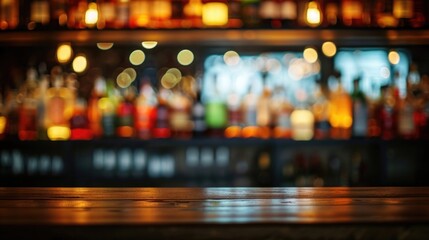 Wooden bar counter on a blurred background of bottles. Advertising space - obrazy, fototapety, plakaty