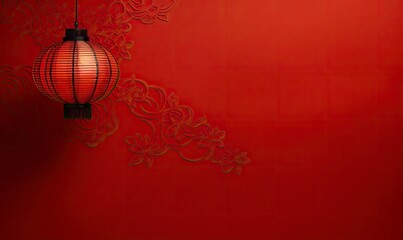 Red lantern hanging high, in the red simple Chinese pattern background, simple and beautiful generative AI