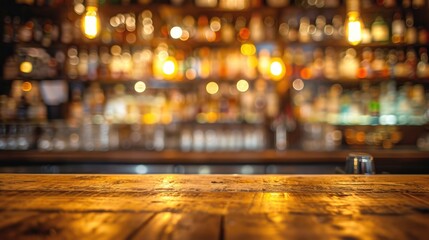 Wooden bar counter on a blurred background of bottles. Advertising space