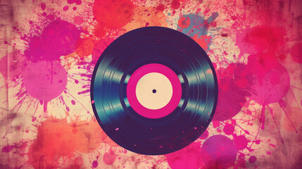 Vibrant vinyl record on colorful background with paint splatters. Perfect for music lovers and artists looking to add pop of color to their designs