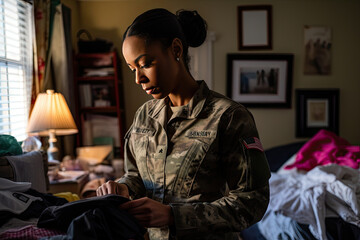 Military Service Woman Focused on Preparing Uniform at Home